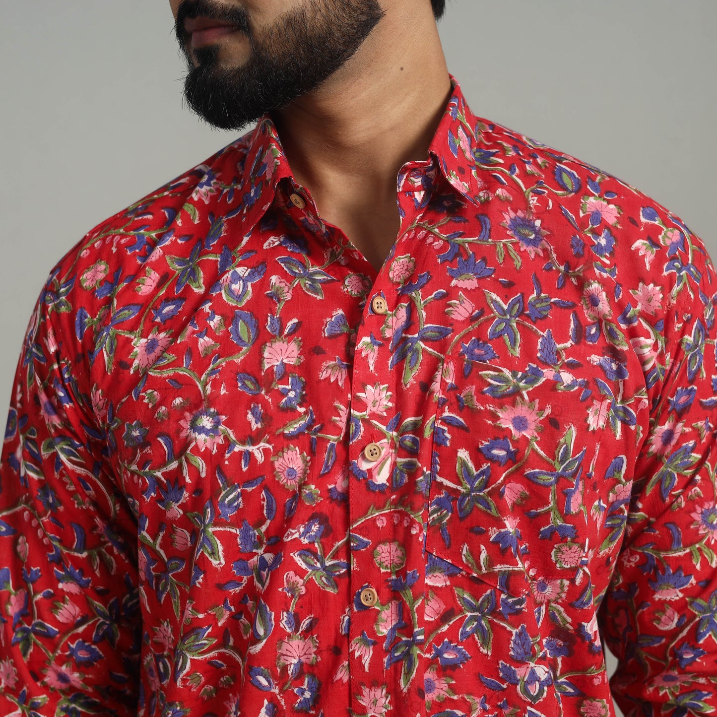 Red - Full Sleeve Cotton Men Sanganeri Print Shirt 05