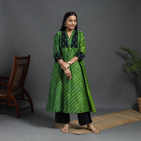 Green Chanderi Silk A-Line Patchwork Tie-Dye Leheriya Kurta for Women