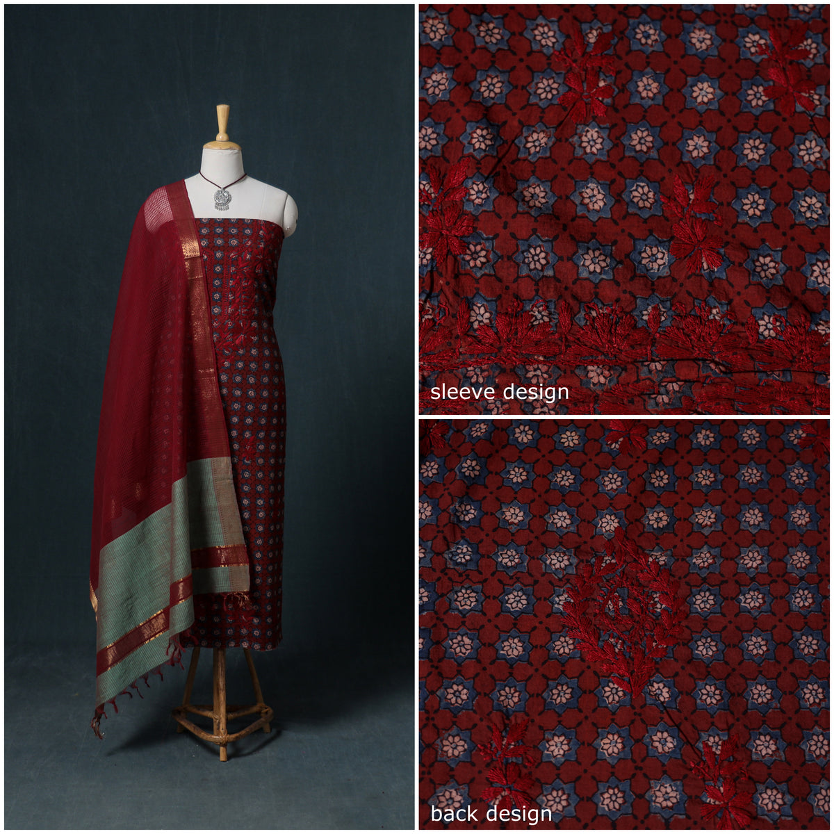 Lucknowi Chikankari Hand Work Unstitched Dress Material: Kurta & Dupatta with Jewellery 47