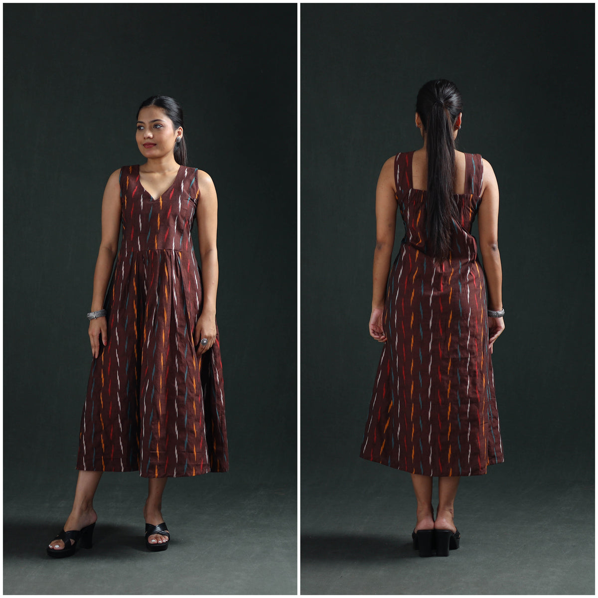 Pochampally Ikat Cotton Sleeveless Flared Long Dress for Women 16