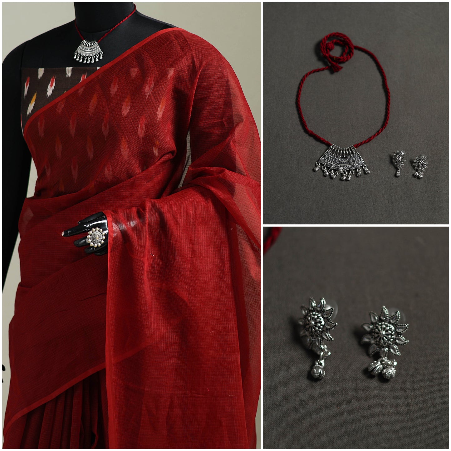 Red - Nazaakat Kota Doria Cotton Plain Saree with Blouse & Jewellery Set 139