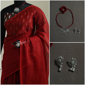 Red - Nazaakat Kota Doria Cotton Plain Saree with Blouse & Jewellery Set 139