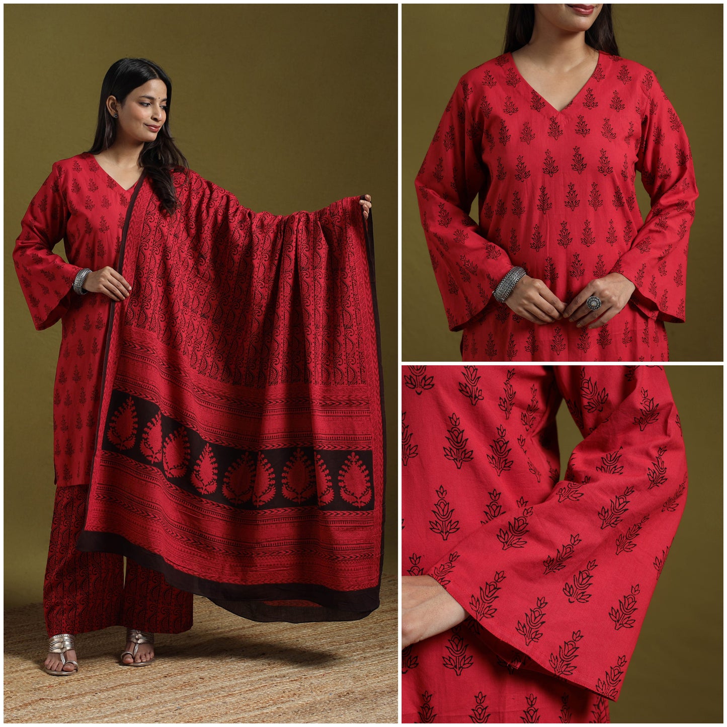 Natural Dyed Hand Block Bagh Print Cotton Suit Set with Dupatta for Women 21