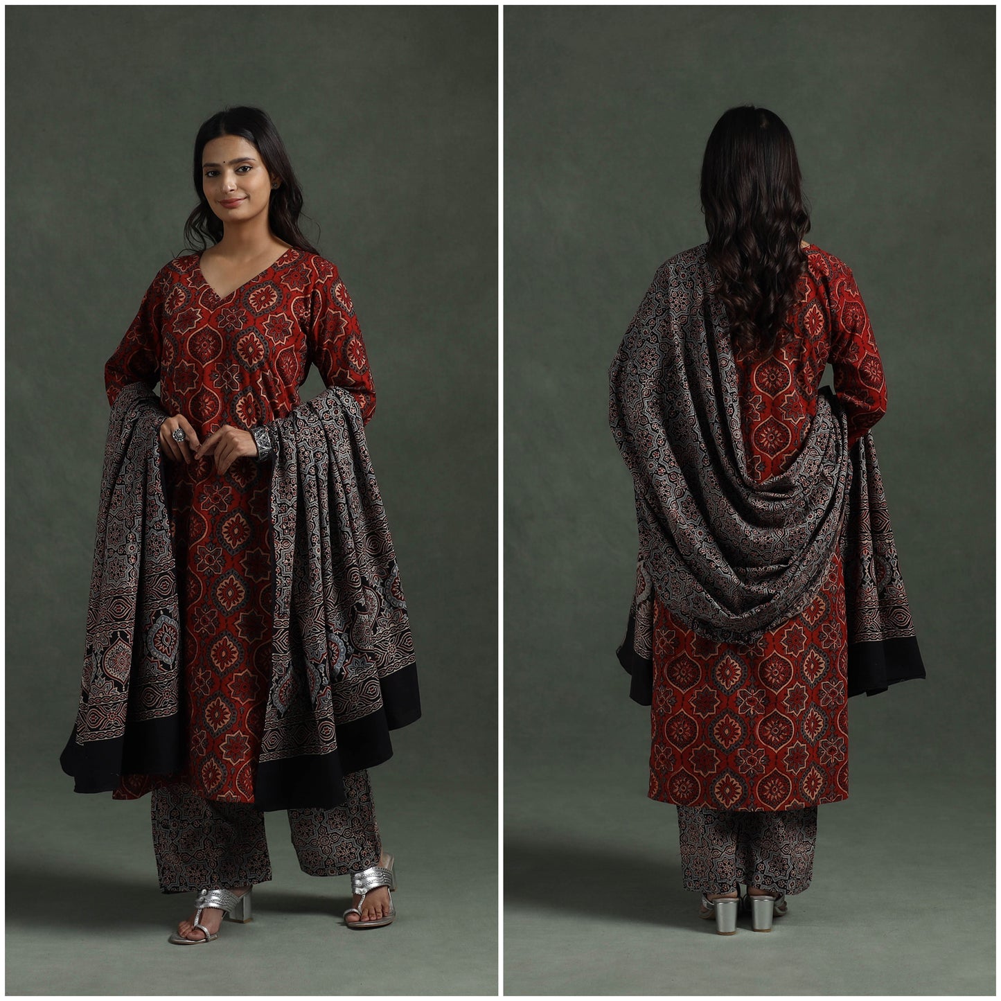 Ajrakh Hand Block Print Natural Dyed Cotton Suit Set with Dupatta for women 01