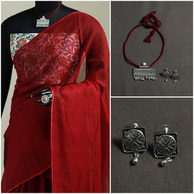 Red - Nazaakat Kota Doria Cotton Plain Saree with Blouse & Jewellery Set 98