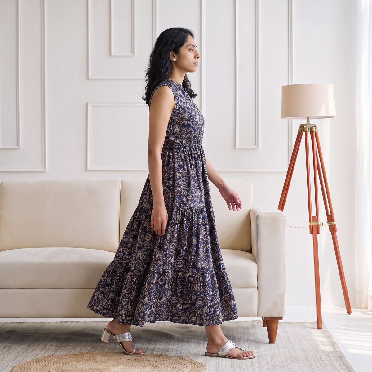 Pedana Kalamkari Hand Block Print Cotton Sleeveless Tiered Long Dress for Women 23