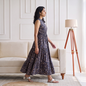 Pedana Kalamkari Hand Block Print Cotton Sleeveless Tiered Long Dress for Women 23