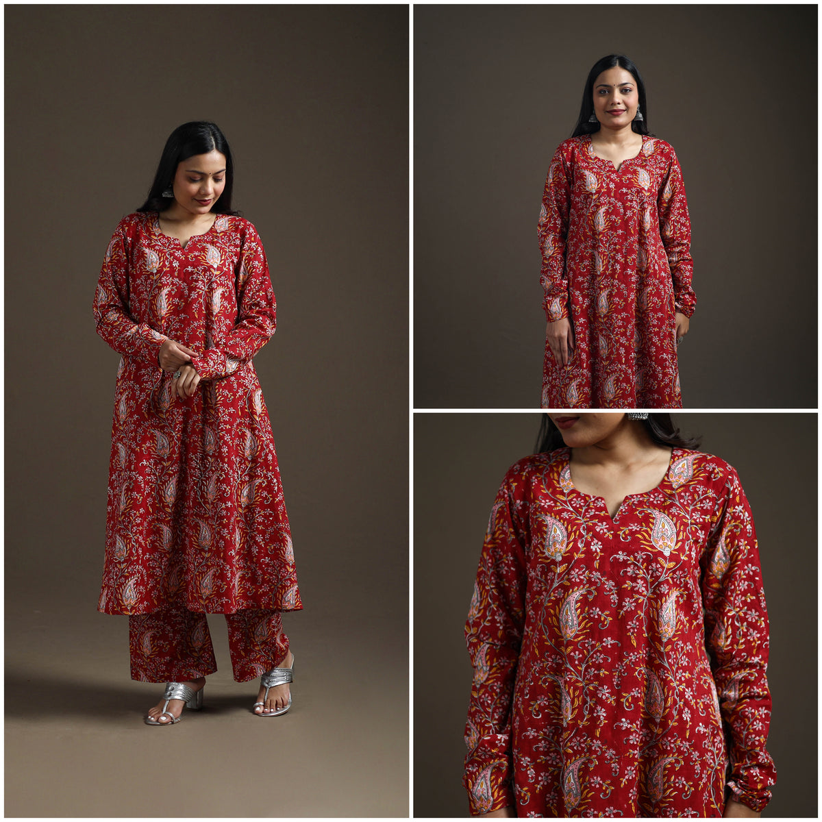 Red - floral sanganeri print cotton a-line kurta