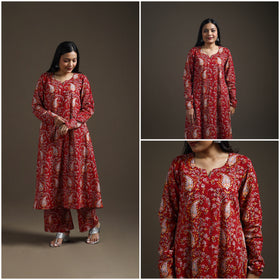 Red - floral sanganeri print cotton a-line kurta