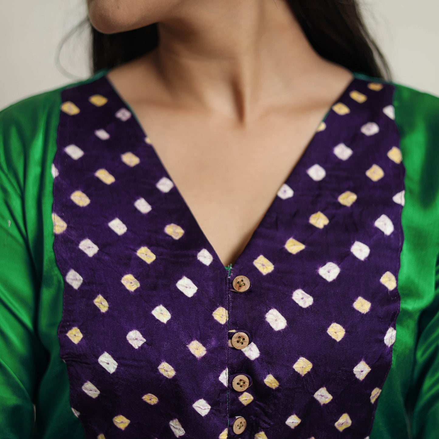 Green - Plain Modal Silk A-Line Kurta with Bandhani Patchwork 07