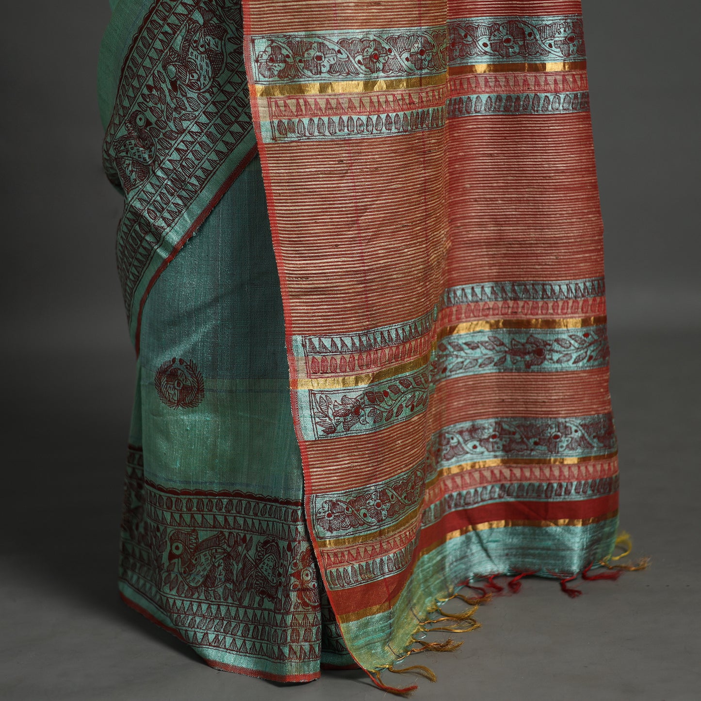 Green - Traditional Madhubani Handpainted Tussar Ghicha Silk Saree 03