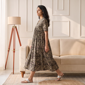Pedana Kalamkari Hand Block Print Cotton Flared Long Dress for Women 08