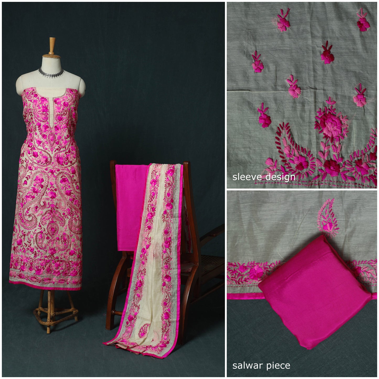 Pink - Hand Embroidered Chanderi Silk 3pc Unstitched Dress Material 35
