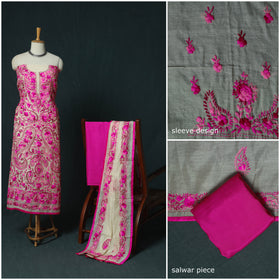 Pink - Hand Embroidered Chanderi Silk 3pc Unstitched Dress Material 35