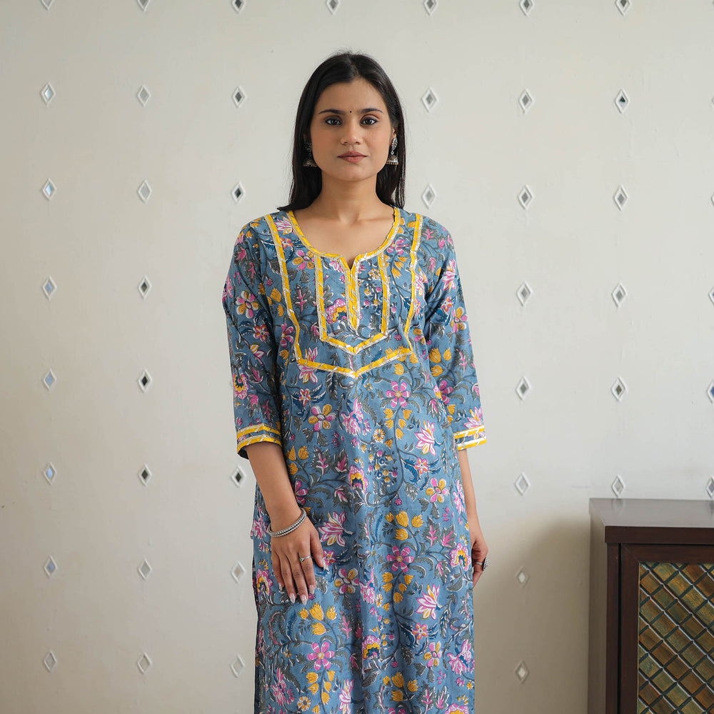 Blue - Block Printed Cotton Gota Work Long Sanganeri Kurta 05