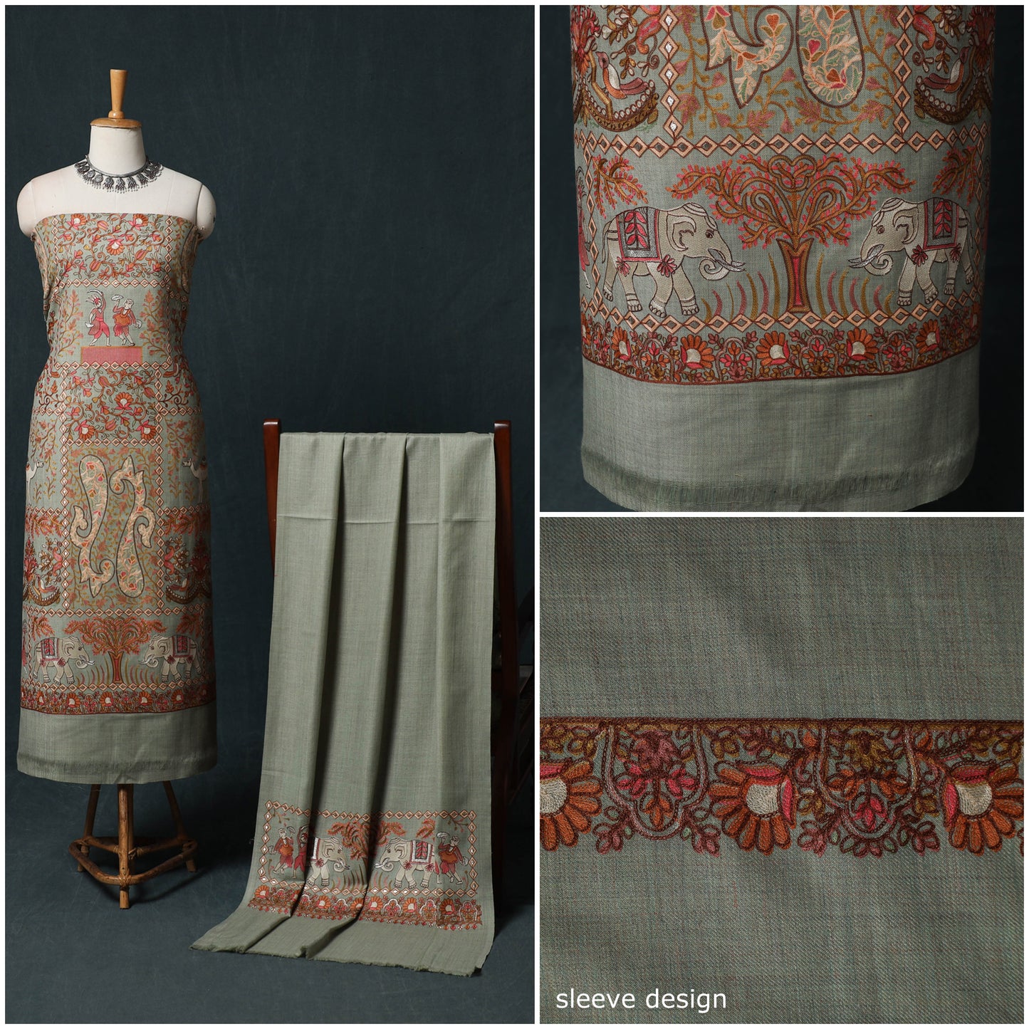 3pc Heavy Chain Stitch Embroidered Wool Unstitched Dress Material Suit Set 05