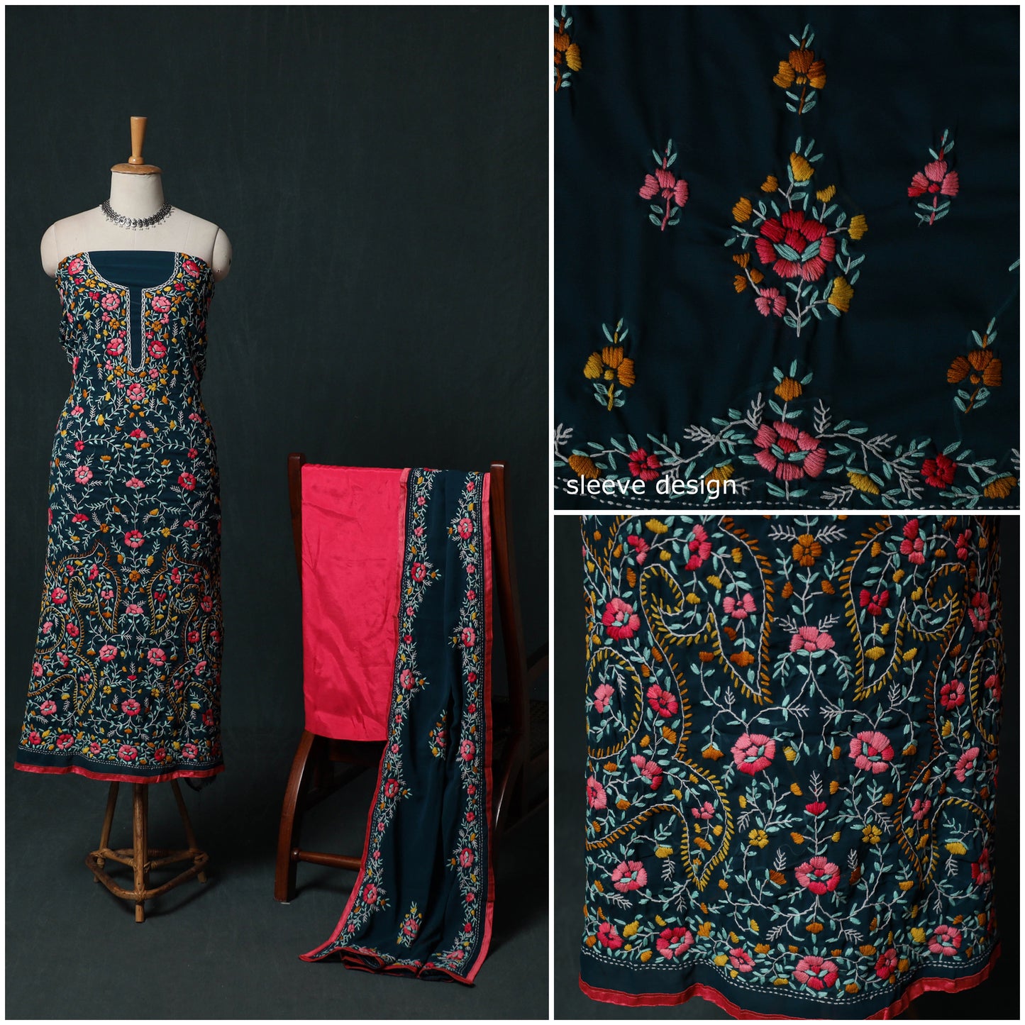 Hand Embroidered Georgette 3pc Unstitched Dress Material Suit Set 05