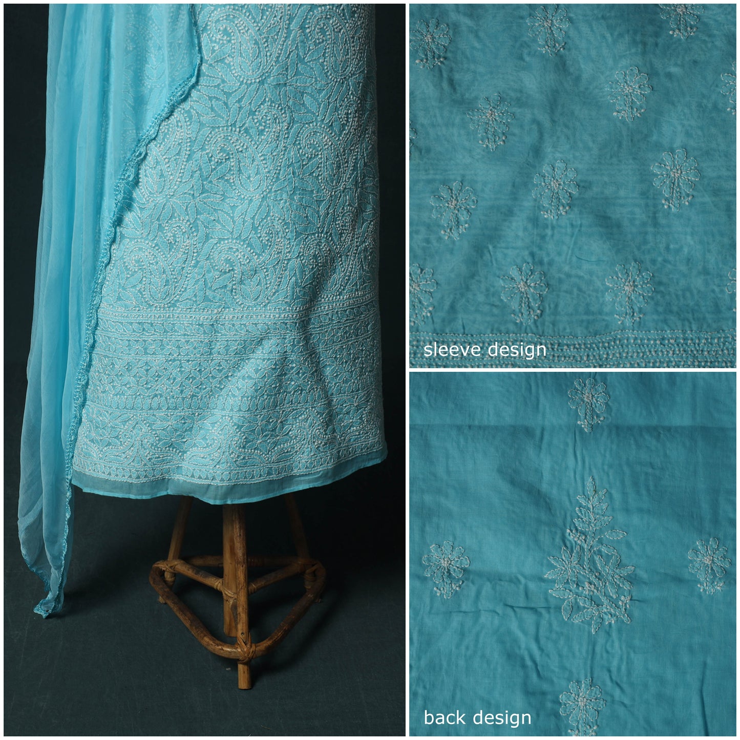 Blue - Lucknowi Chikankari Hand Embroidered Cotton 3pc Unstitched Dress Material Suit Set 05