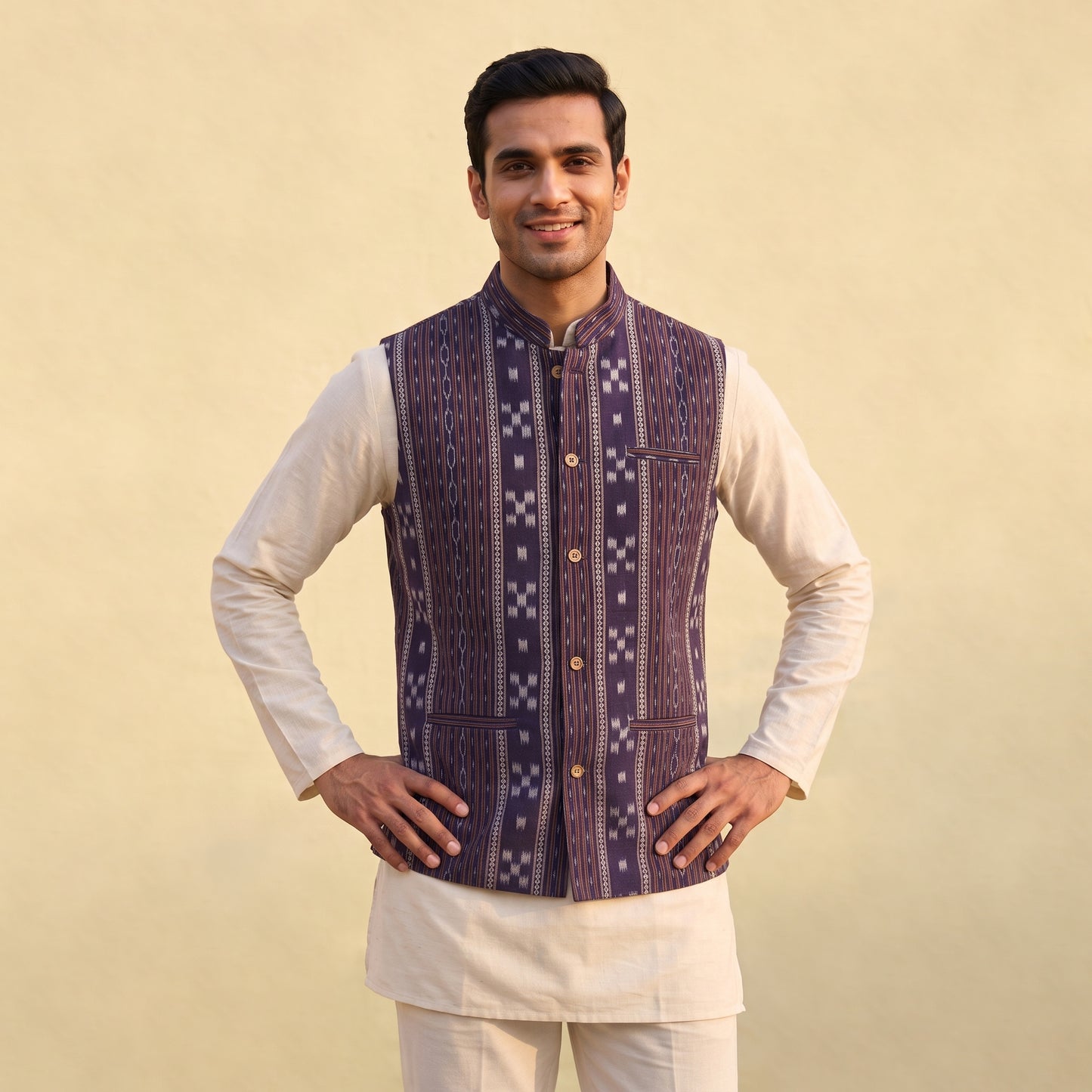 Sambalpuri Ikat Weave Cotton Men Nehru Jacket 07