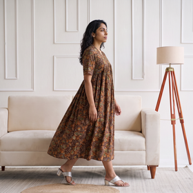 Pedana Kalamkari Hand Block Print Cotton Flared Long Dress for Women 07