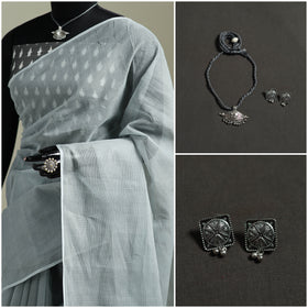 Grey - Nazaakat Kota Doria Cotton Plain Saree with Blouse & Jewellery Set 191