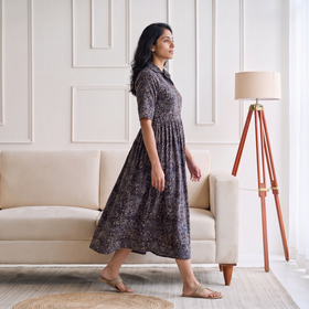 Pedana Kalamkari Hand Block Print Cotton Flared Long Dress for Women 02
