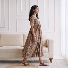 Pedana Kalamkari Hand Block Print Cotton Flared Long Dress for Women 10