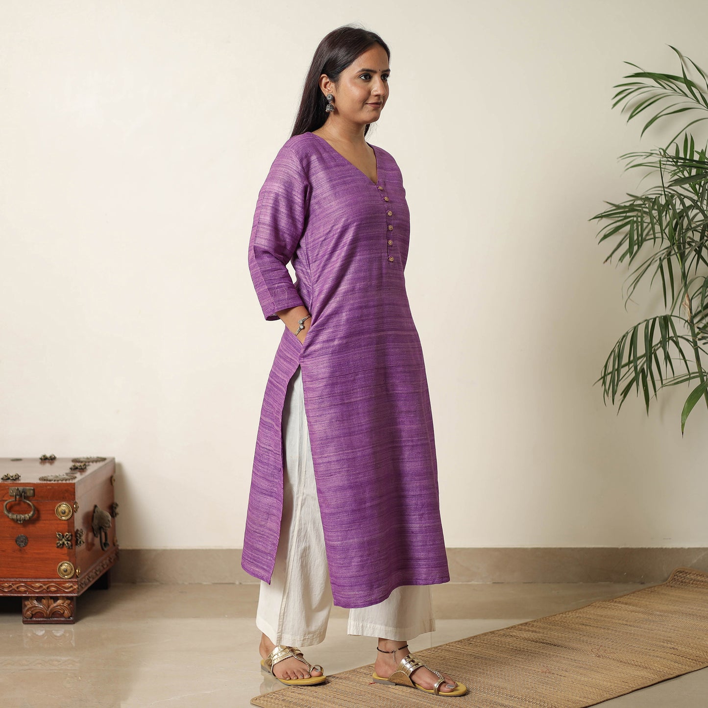 Purple - Bhagalpuri Handwoven Desi Tussar Silk Straight Kurta 05