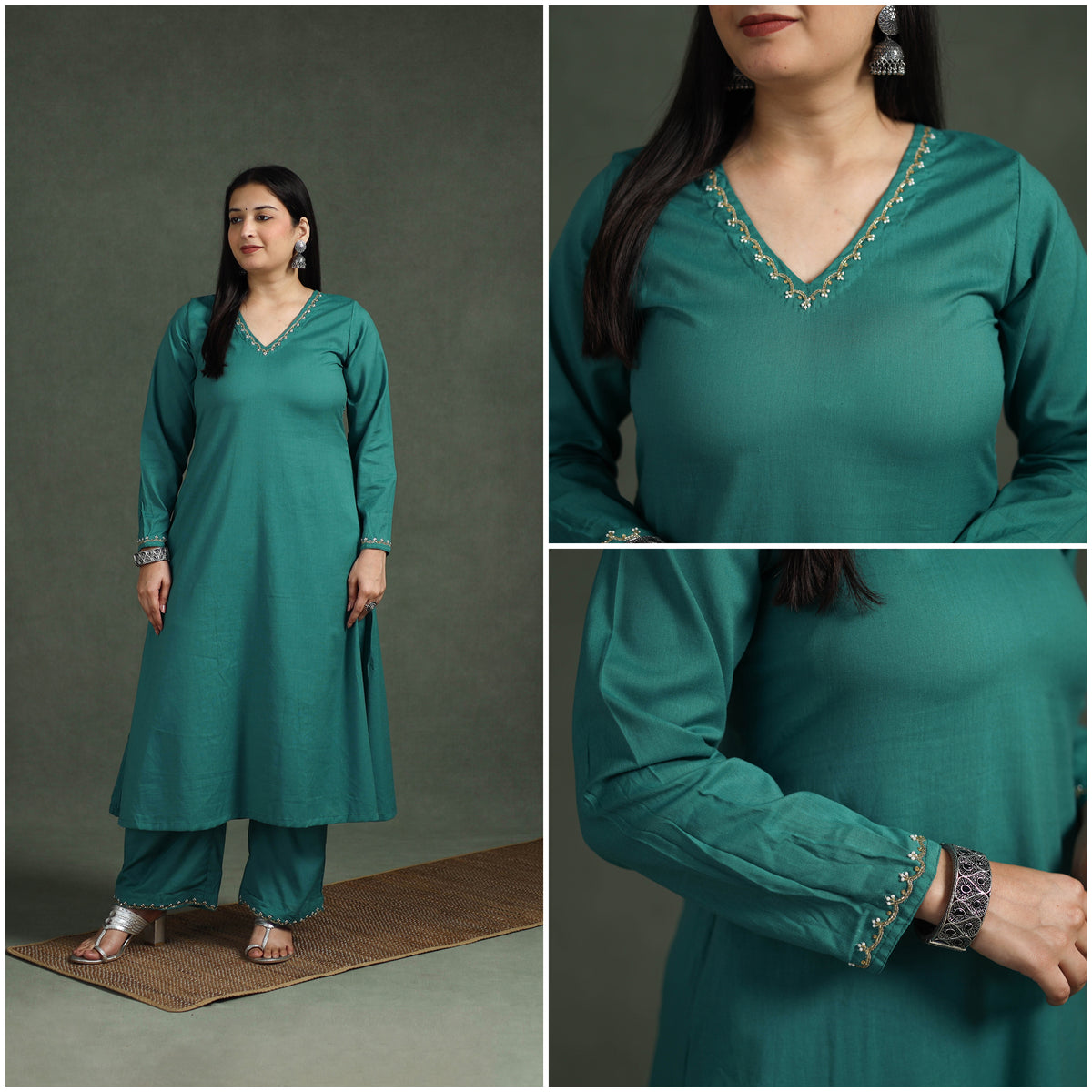 Plain Banana Fiber Soft Cotton Bead Work A-Line Kurta with Palazzo Set for women 06