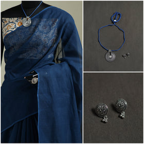 Blue - Nazaakat Kota Doria Cotton Plain Saree with Blouse & Jewellery Set 33