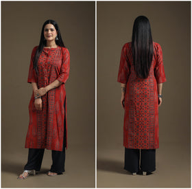 Hand Block Print Cotton Straight Long Ajrakh Kurta for Women 10