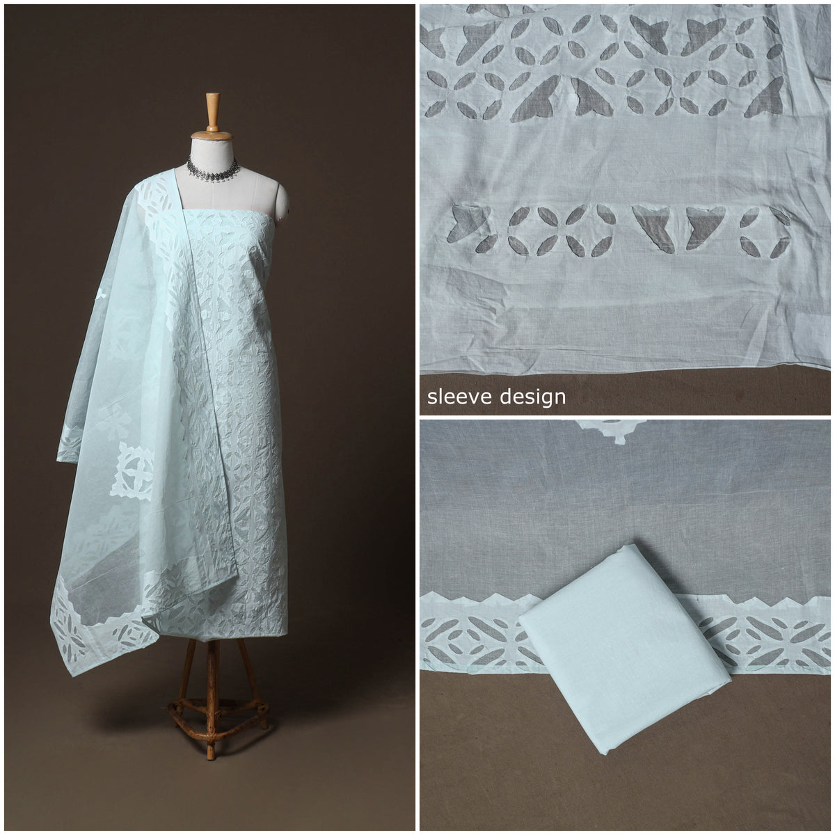 Applique Cutwork Cotton Unstitched Dress Material: Kurta, Bottom & Dupatta 05