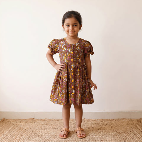Brown - Pure Cotton Girls Frock Dress in Kalamkari Prints (3-4 Years) 44