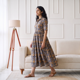 Pedana Kalamkari Hand Block Print Cotton Flared Long Dress for Women 05