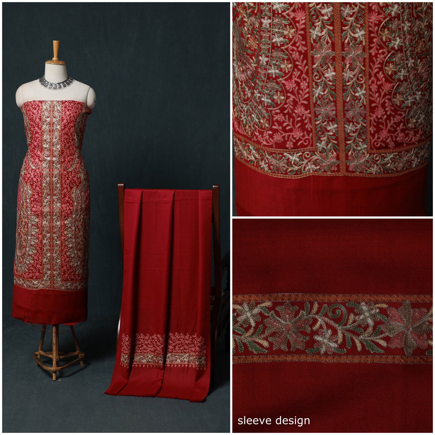 3pc Heavy Chain Stitch Embroidered Wool Unstitched Dress Material Suit Set 88