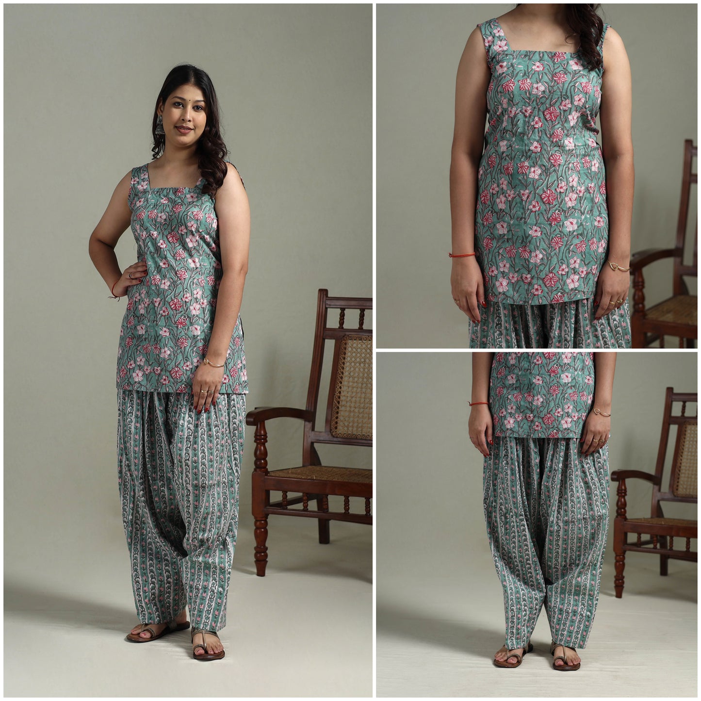 Sanganeri Hand Block Print Cotton Short Kurta with Farshi Salwar Set for women 09