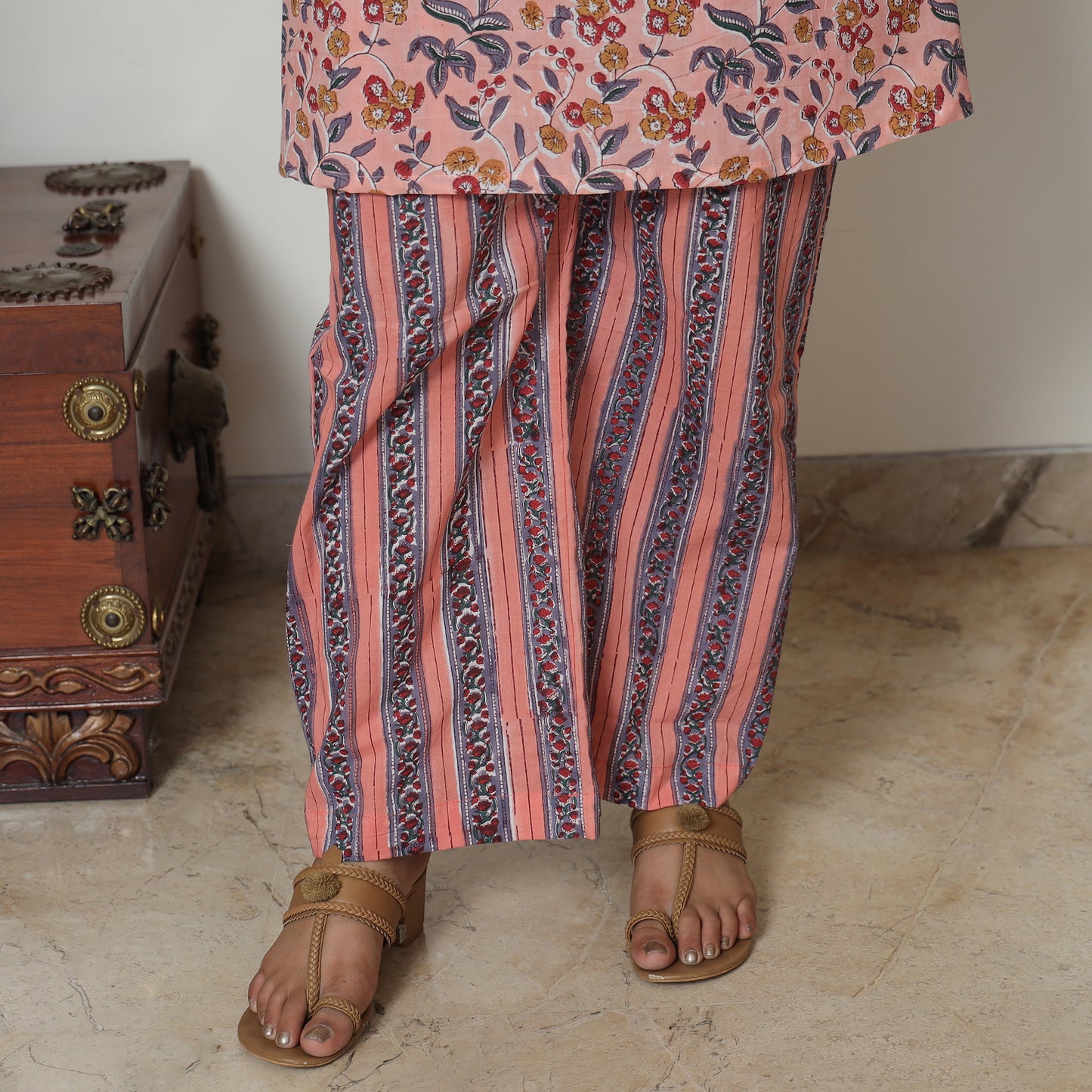 Peach - Sanganeri Block Printed Cotton Kurta with Palazzo Set 02