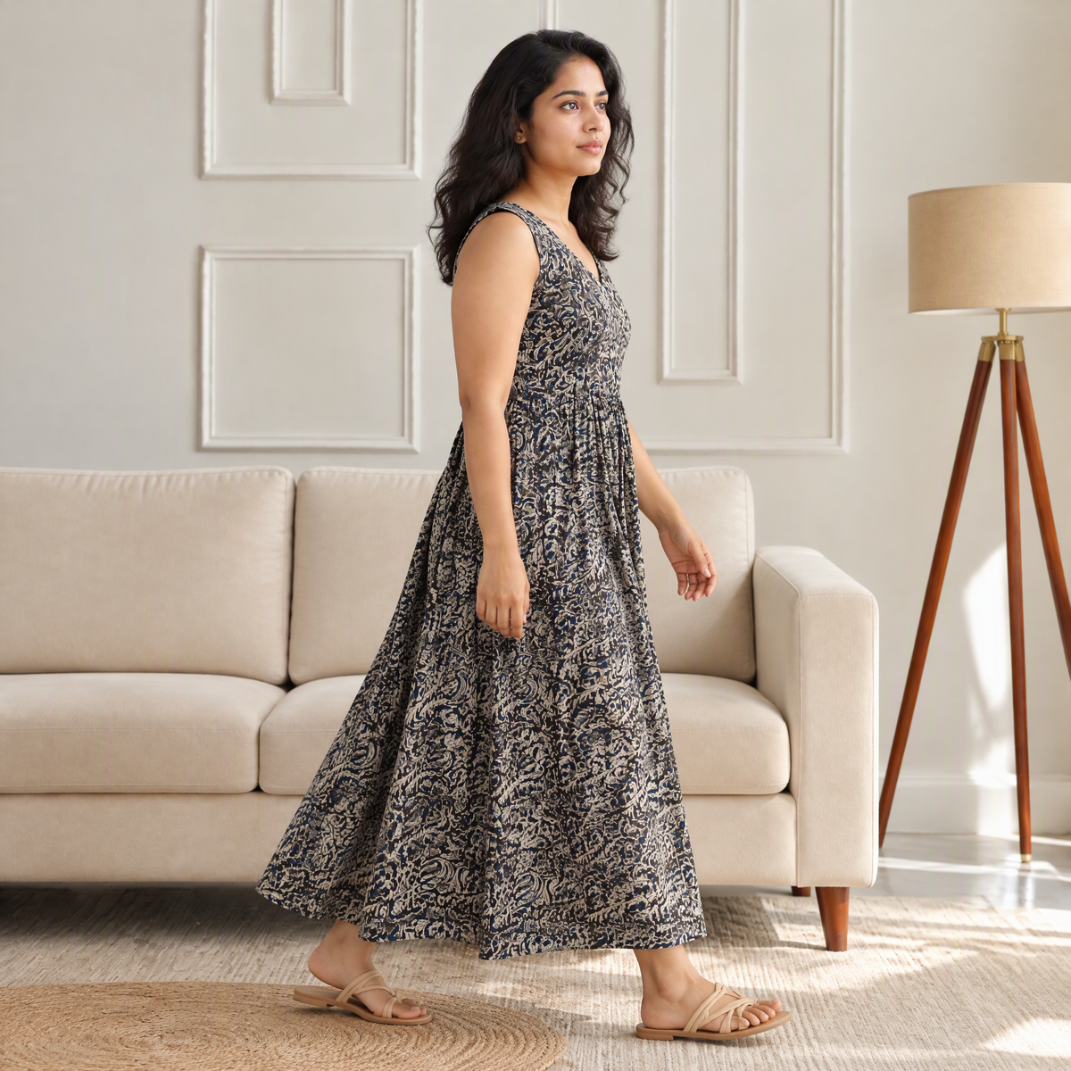 Pedana Kalamkari Hand Block Print Cotton Sleeveless Flared Long Dress for Women 12