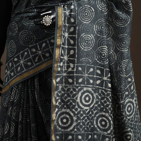 Grey - Chanderi Silk Hand Block Print Bagru Saree with Zari Border 16