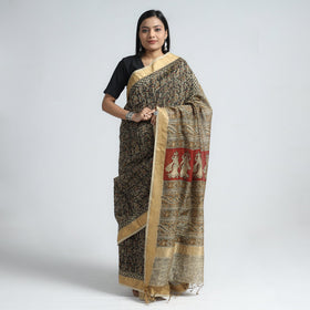Black Original Pedana Kalamkari Block Print Chanderi Silk Saree