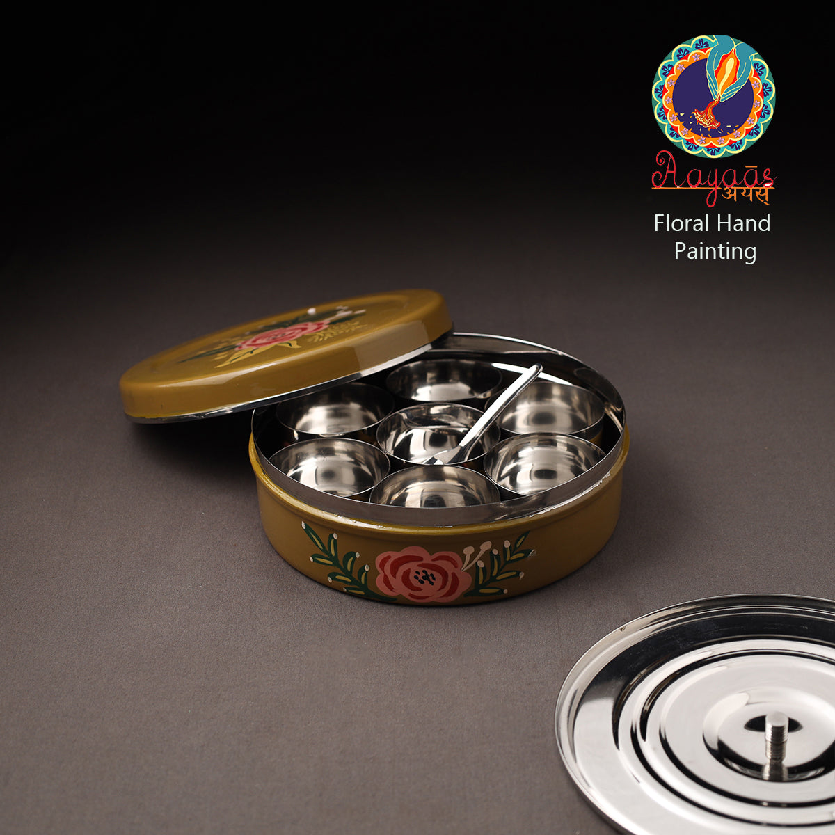 Floral Handpainted Enamelware Stainless Steel Masala Box (7 x 7 in) 06