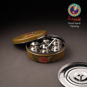 Floral Handpainted Enamelware Stainless Steel Masala Box (7 x 7 in) 06