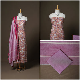 Sanganeri Block Print Cotton Unstitched Dress Material: Kurta, Bottom & Dupatta with Jewellery 60