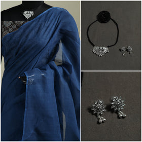 Blue - Nazaakat Kota Doria Cotton Plain Saree with Blouse & Jewellery Set 88