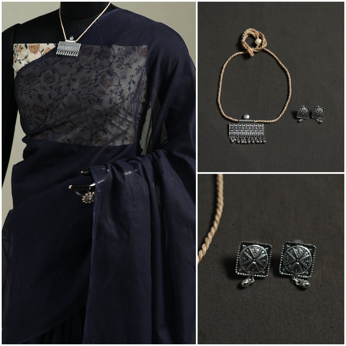 Blue - Nazaakat Kota Doria Cotton Plain Saree with Blouse & Jewellery Set 89