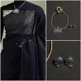 Blue - Nazaakat Kota Doria Cotton Plain Saree with Blouse & Jewellery Set 89