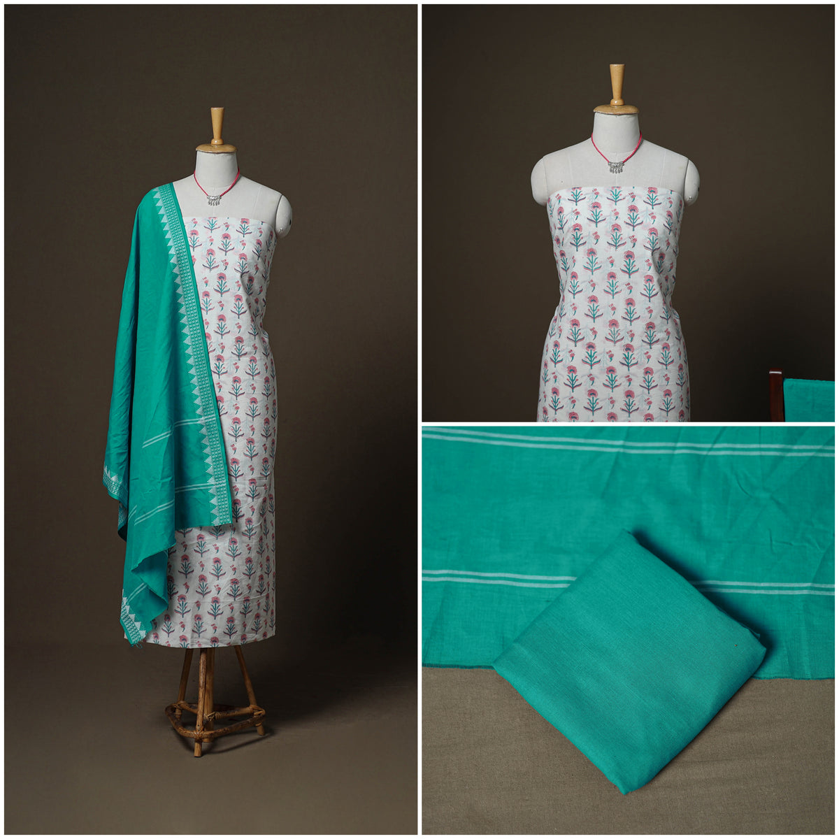 Sanganeri Block Print Cotton Unstitched Dress Material: Kurta, Bottom & Dupatta with Jewellery 61