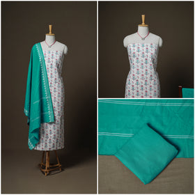 Sanganeri Block Print Cotton Unstitched Dress Material: Kurta, Bottom & Dupatta with Jewellery 61