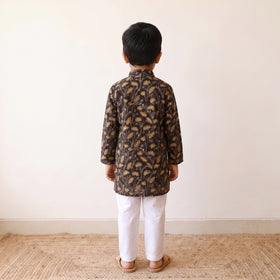 Black - kids pure cotton kurta in bagru block prints (3-4