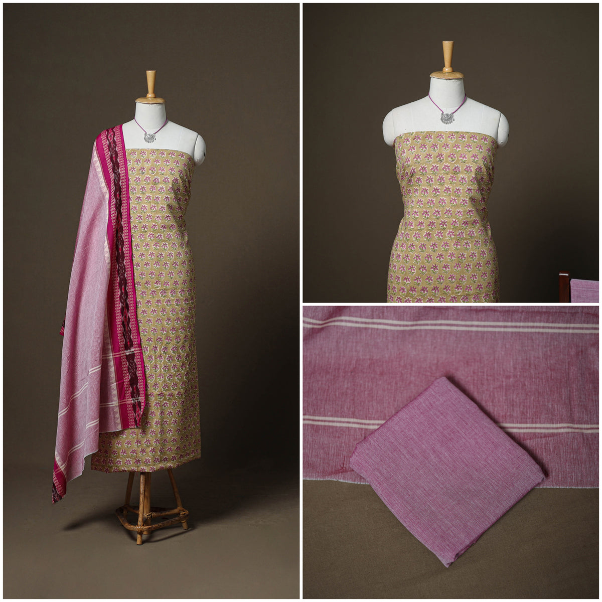 Sanganeri Block Print Cotton Unstitched Dress Material: Kurta, Bottom & Dupatta with Jewellery 42